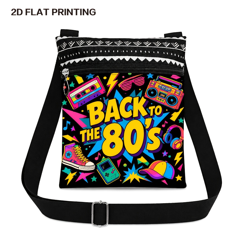 TEMU 1-pack Print Crossbody Bag With Cassette Radio Pattern, Adjustable Shoulder Strap, And Zipper Closure — Lightweight Small Bag, Suitable For