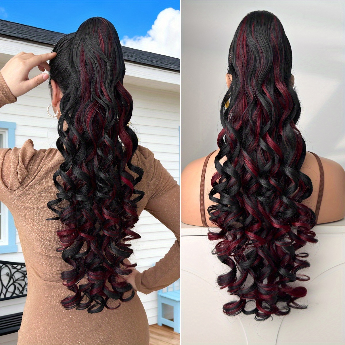 TEMU Extension de queue de cheval synthétique résistante à la chaleur "28" Deep Wave pour femmes avec clip à cordon - Multicolore (Noir, Marron,
