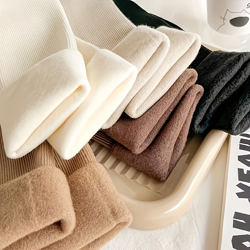 5 paires de chaussettes d hiver en peluche pour femmes - chaussettes douces, extensibles, chaudes pour  , & intérieur, beige,  , noir, blanc, chaussettes mignonnes Détails du produit 4