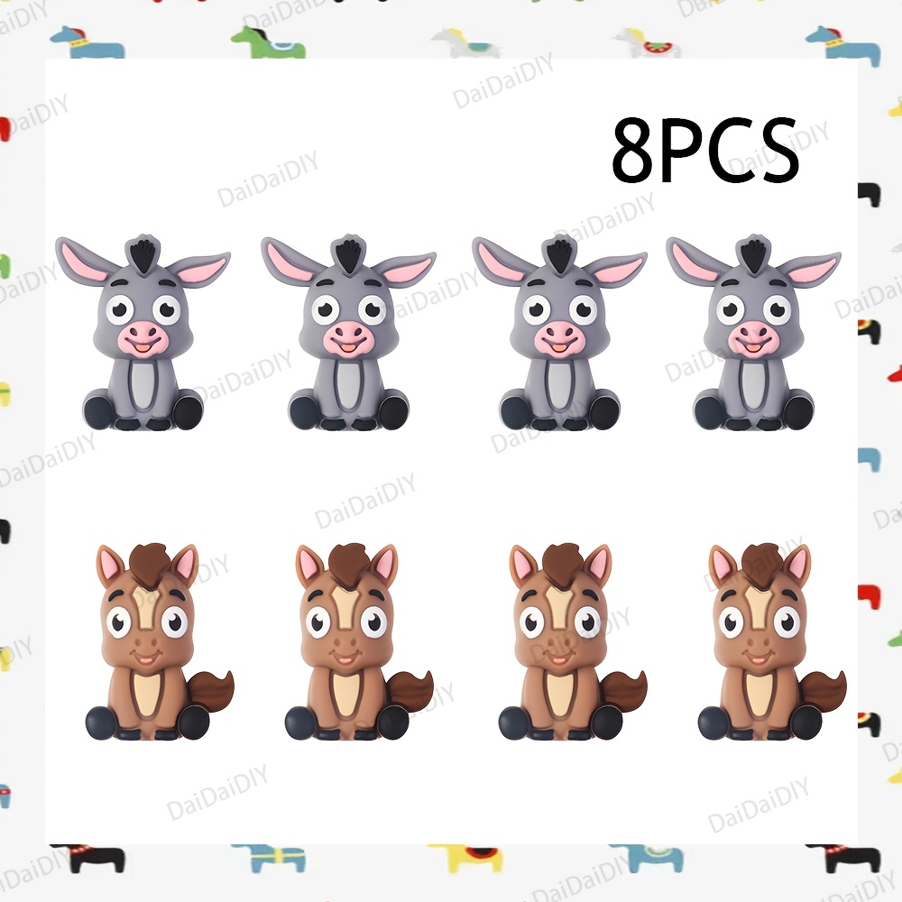 TEMU 8 pièces Perles Animaux Âne & Cheval - Perles en Silicone 3D Réalistes pour Création de Bijoux, Breloques de Bracelet, Accessoires de Lanière,