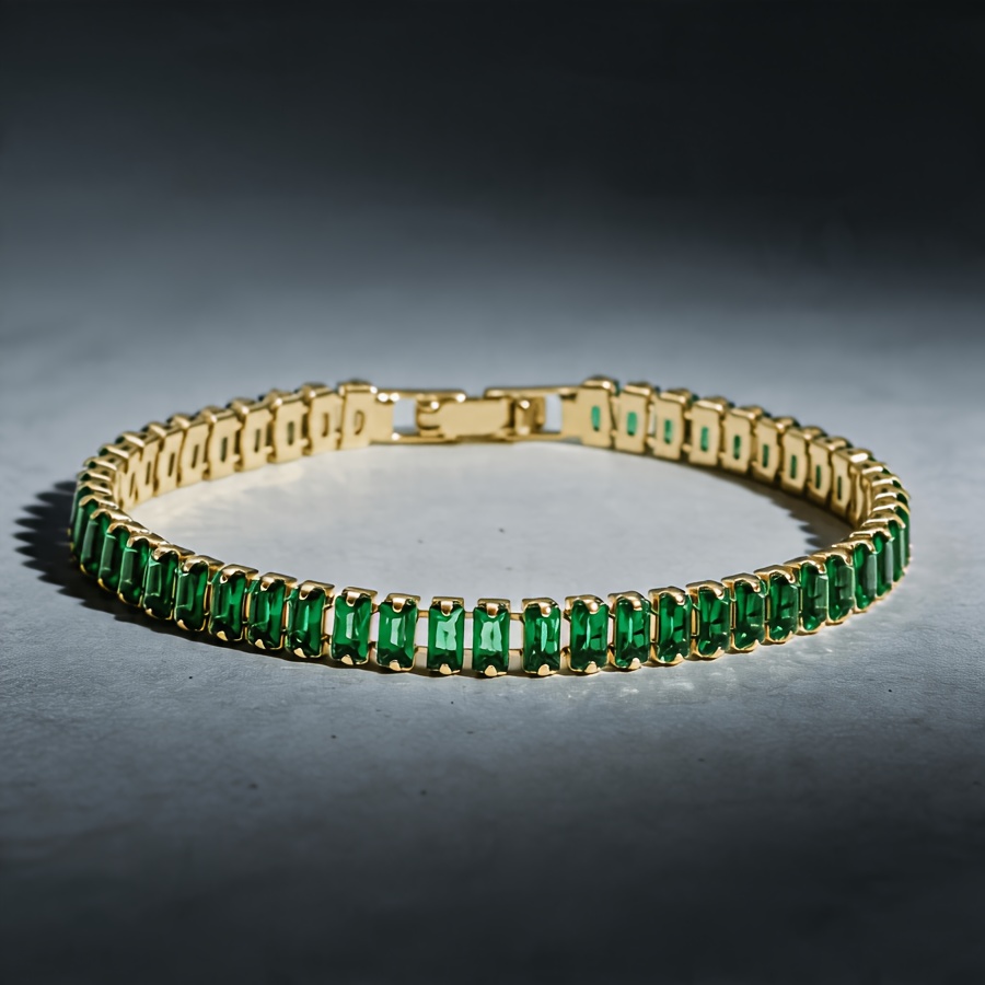 TEMU Bracelet de tennis rectangulaire élégant et en CZ pour femme, incrusté de synthétique verte de luxe, en cuivre -allergique et -oxydation, idéal