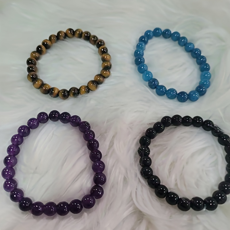 TEMU 4pcs Bohemian Style Beaded Bracelet Set - Includes Amethyst, Eye, Obsidian, And Blue Aventurine - Elastic Beaded Bracelet Symbolizing Wealth And