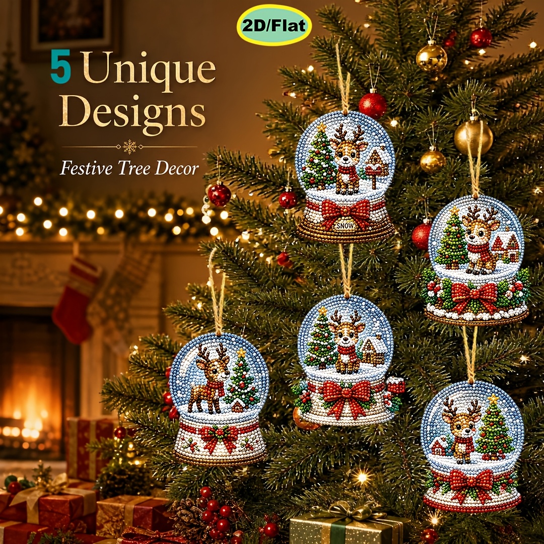 TEMU Kit de peinture diamant 5 pièces Perle de Étiquette en bois Pendentif Boule de Noël en cristal Thème Cerf 2D Plat Feuille de bois pré-imprimée