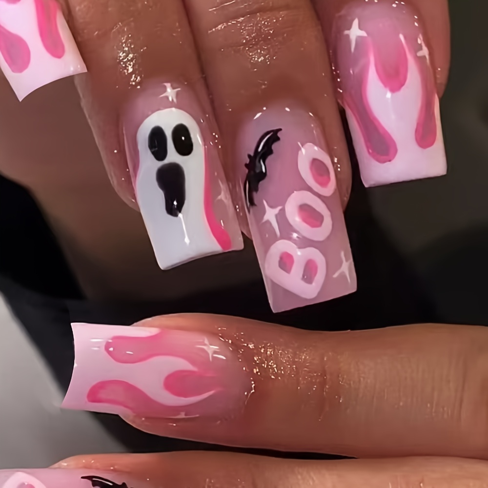 TEMU 24pcs 24pcs Long Coffin Press On Nails Suitable For Halloween Party & Cosplay - Pink Bat Boo Letter Gradient Flame False Nails With Nude Base,
