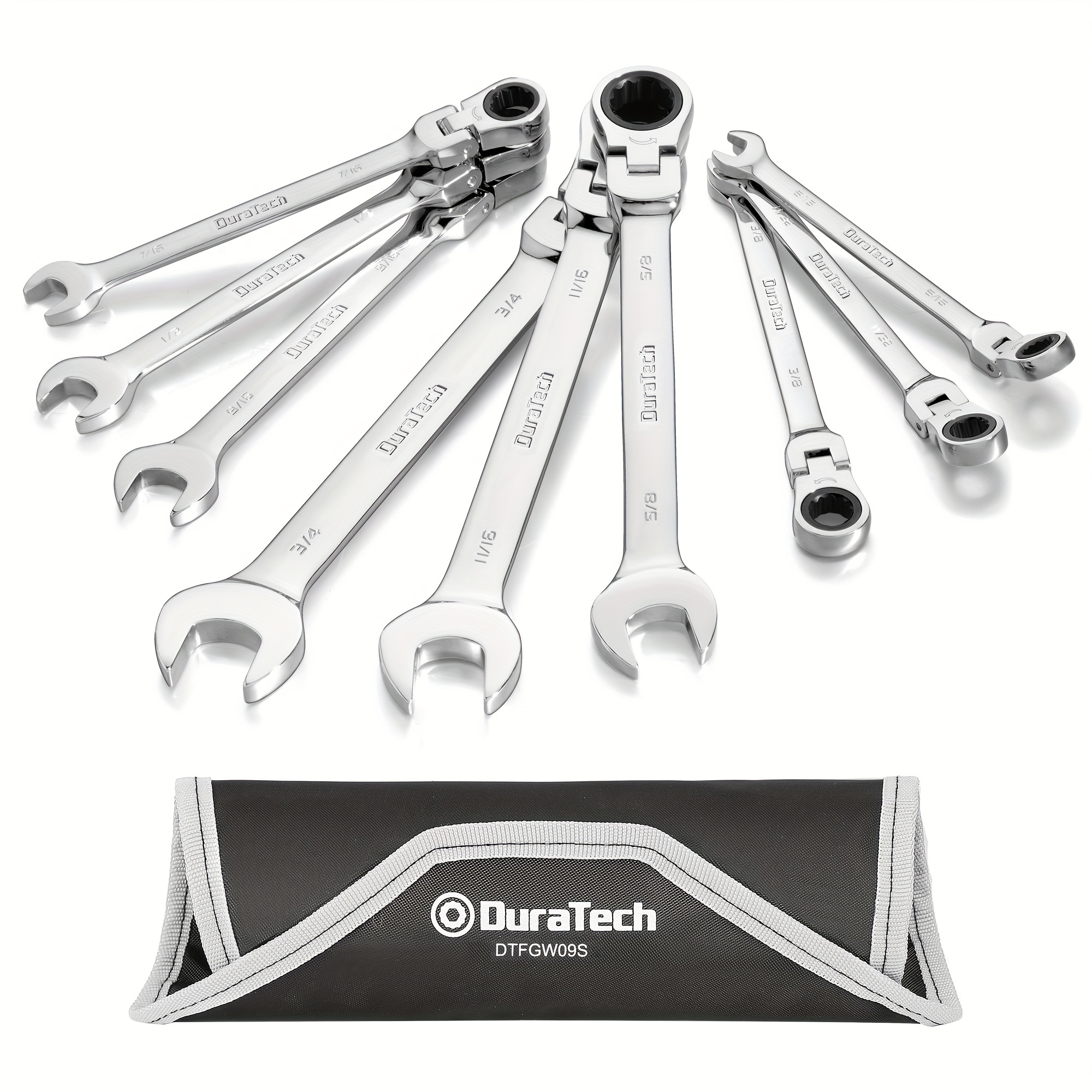 

Duratech 9-piece Flex-head Ratcheting Wrench Set, Combination Wrench Sets, 72 Tooth, Sae, 5/16'' To 3/4'', Cr-, Mirror Polished Plated With Rolling Pouch