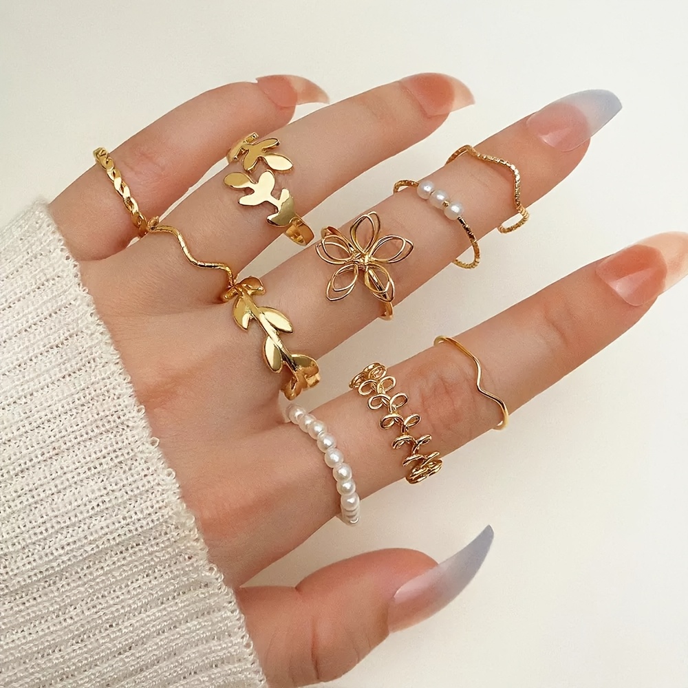 Image of 10pcs/set Fashion Alloy Rings Women's Decorative Gifts Valentine's Day, Mom, Mother, Mother's Day, Gifts, Special Occasions, Party Jewelry, , Bohemian Style, Decorative Rings, Durable Materials