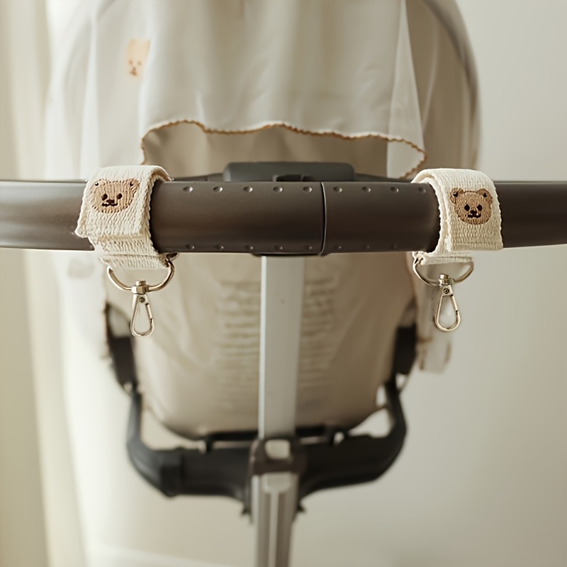 Image of 2pcs Adorable Teddy Bear Embroidered Linen Stroller Hooks - Durable Keychain Organizer For Sledding, Hiking & Travel Accessories, Black & White Teddy , Stroller Accessories, Design, Quality