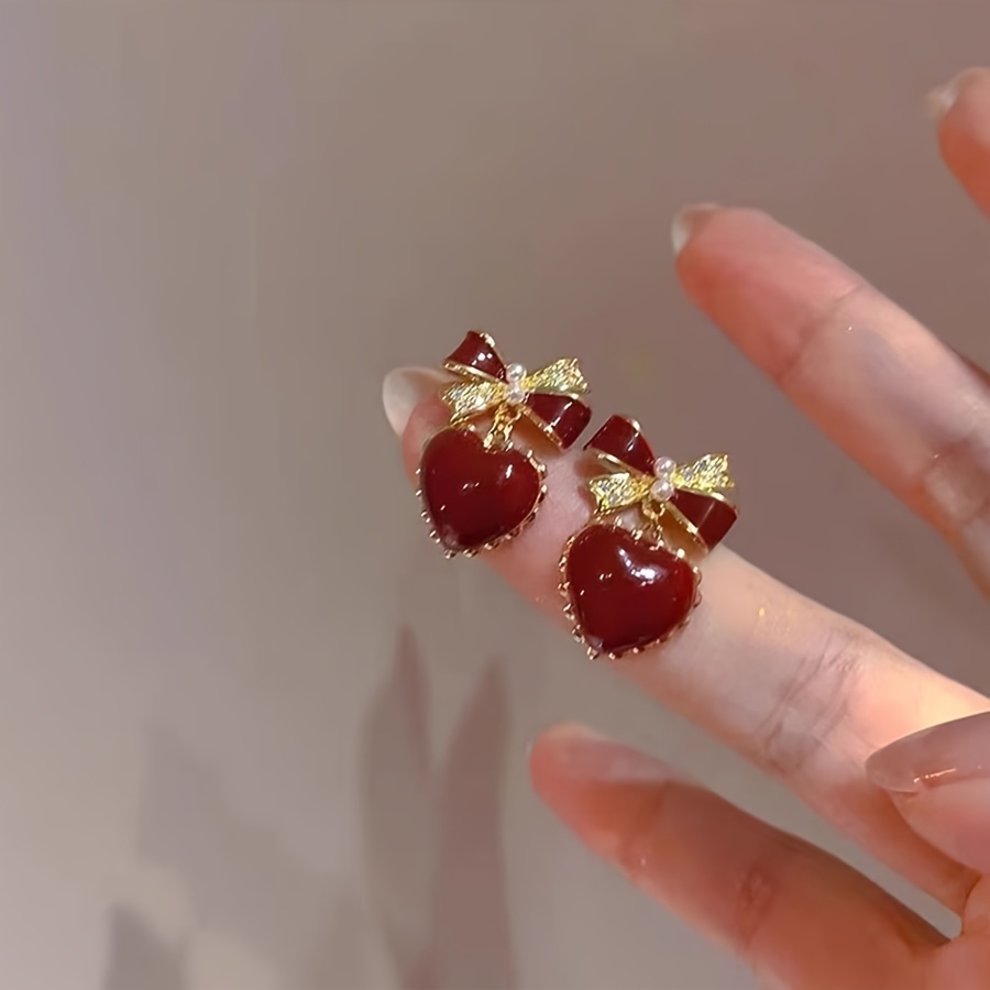 TEMU A Pair Of Angora Red Bow Heart-shaped Earrings With Super Sparkling Exquisite And Design Earrings, High-quality Women's Jewelry