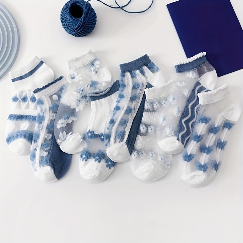8-pair Summer New Style Fresh And Sweet Cassis Flower Print Lace Sweet And Cute Breathable Ankle Socks