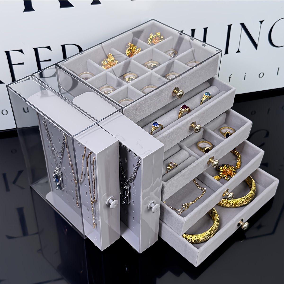 large jewelry organizer box with clear lid   storage case multiple compartments for necklaces bracelets rings earrings birthday mothers day valentines gift for women desktop organizer with secure closure jewelry box organizer polished   fabric lined interior necklace holder durable plastic birthday present jewelry boxes Product details 1