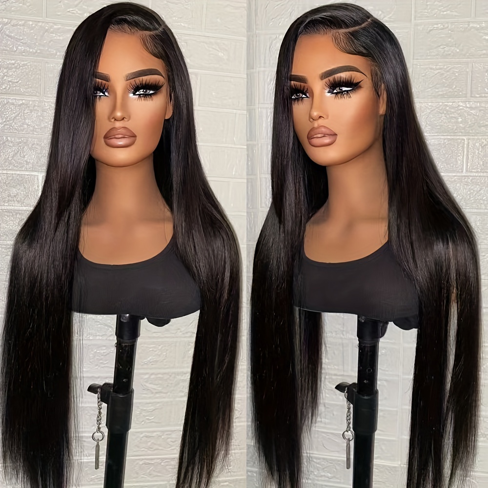 TEMU Natural Black Synthetic Lace Front Wigs For Women 22-24 Inch Silky Straight Heat Resistant Fiber 13*4 Inch Part Space Preplucked Hairline With Baby Hair Glueless Lace Front Wigs For Daily Party Wig