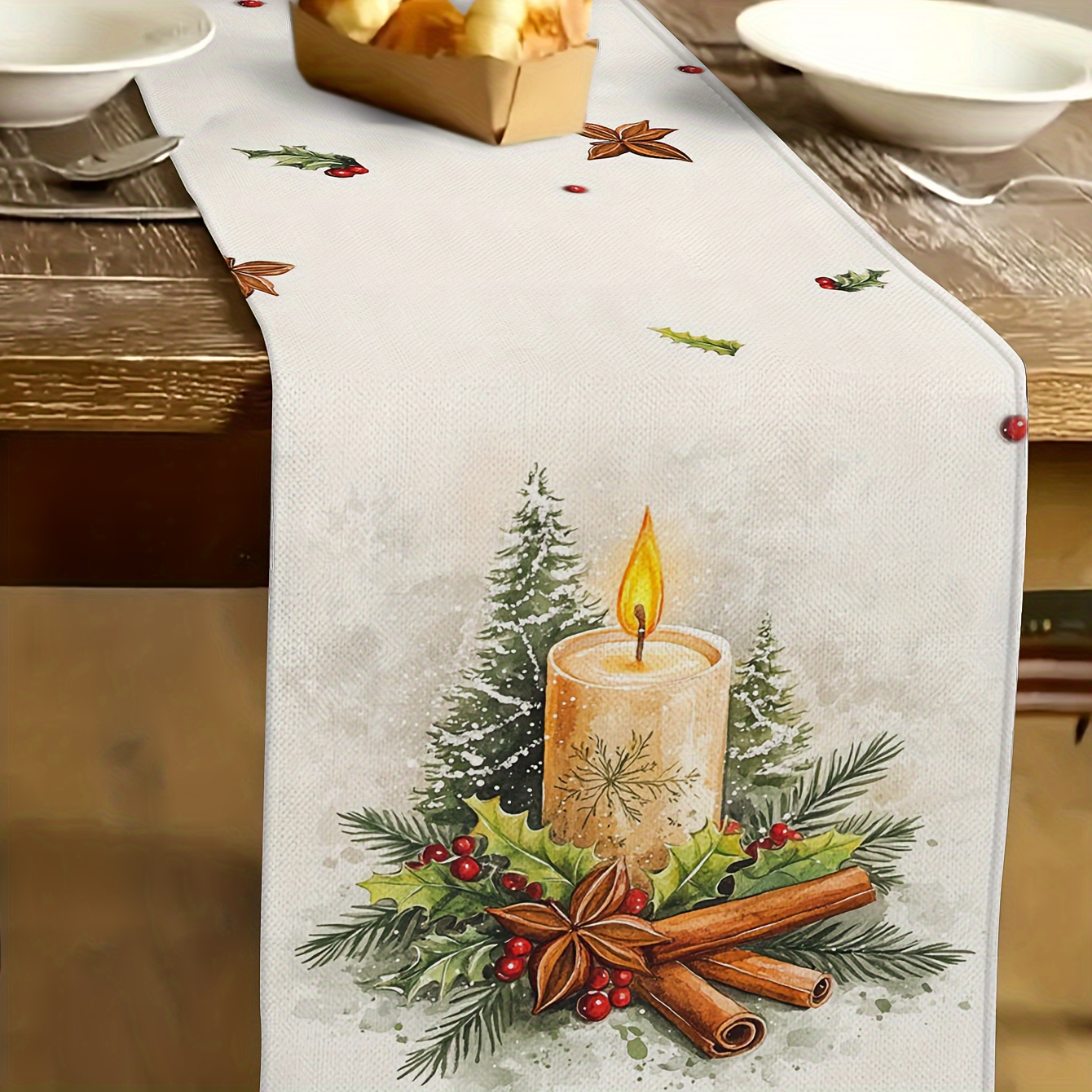 

Vintage Santa & Reindeer Linen Table Runner - Christmas Decor For Home, Indoor/outdoor Party Supply