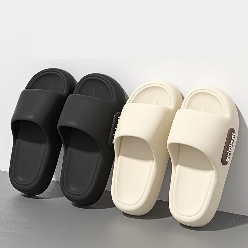 

Elegant Solid Color Letter Design Slippers, Casual Open Toe Soft Sole Shoes, Comfortable Indoor Home Bathroom Slides, Slip-on Eva Material With Machine Washable Care Instructions