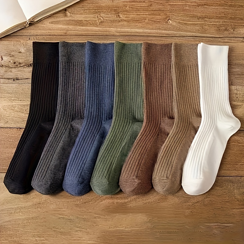 TEMU 7 Pairs Of Men's Solid Color Crew Socks, Anti Odor & Sweat Absorption Breathable Socks, For Autumn And Winter