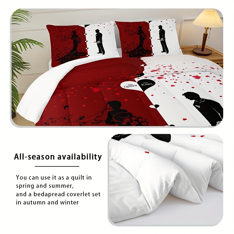 3pcs set valentines day love comforter set red and white bedding set 1 bed comforter 2 pillow cases   comforter soft comfortable and breathable printed bedding for home dorm decoration Product details 4