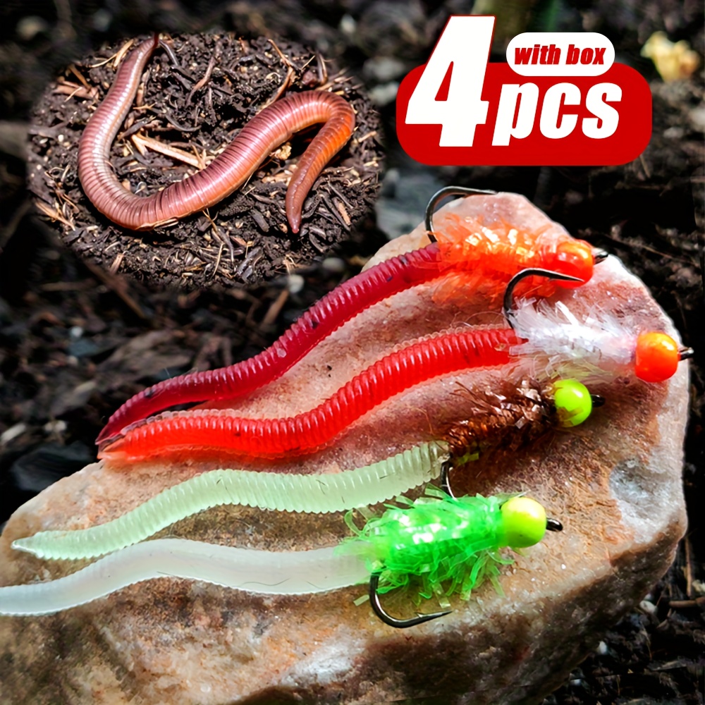 Image of 4pcs Hand-tied Fly Fishing Lures, Worm Bait, Whimsical Crawling Worms, Flying Insects, Metallic Head With Purple Light , Tail, For Trout, Fish, , Carp, Salmon