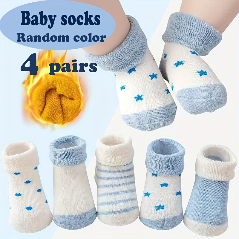 Image of 4 Pairs Unisex Kids Baby Children Star Striped Combination Pc Fleece Lined Warm Mid-calf Infant Loose Socks Autumn Winter New Random Colors