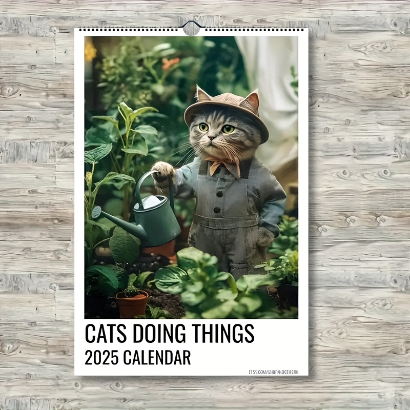 

1pc Cat Gardening 2025 Wall Calendar - Flower & Feline Design, Monthly Decor, 12-month Paper Calendar With Vintage Cat In Overalls