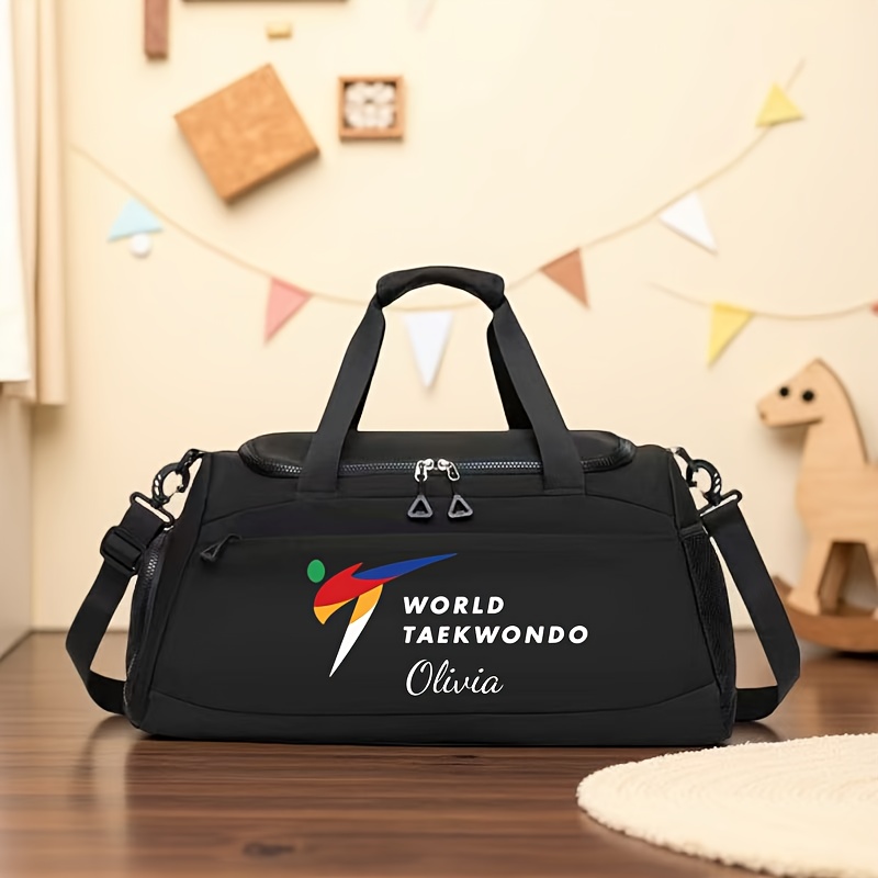 taekwondo print personalized name crossbody bag large capacity martial arts training bag adjustable strap nylon for gym travel swimming great taekwondo gift for black