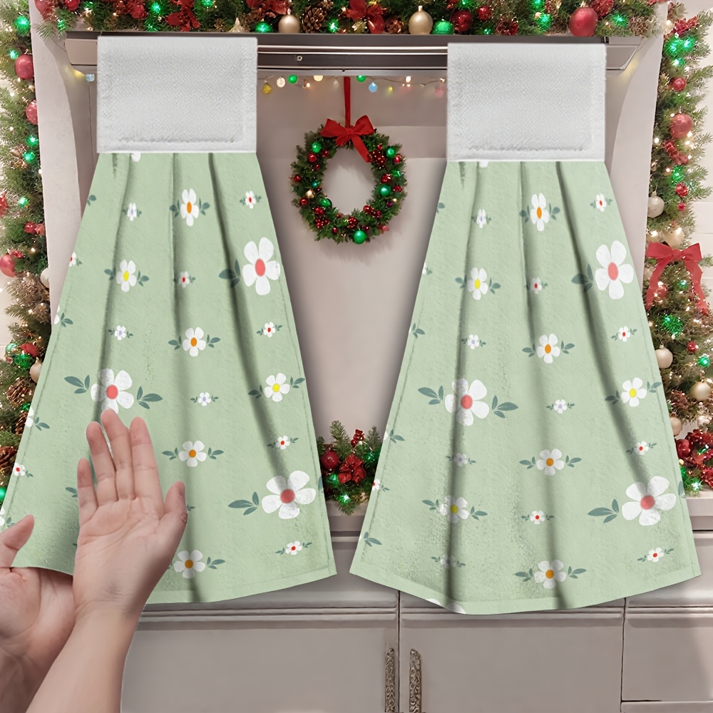 TEMU 2pcs Hanging Hand Towels With White Daisy And Leaf Pattern, Made Of Soft Microfiber, Absorbent, Modern Cartoon Style, Quick-drying, Suitable For