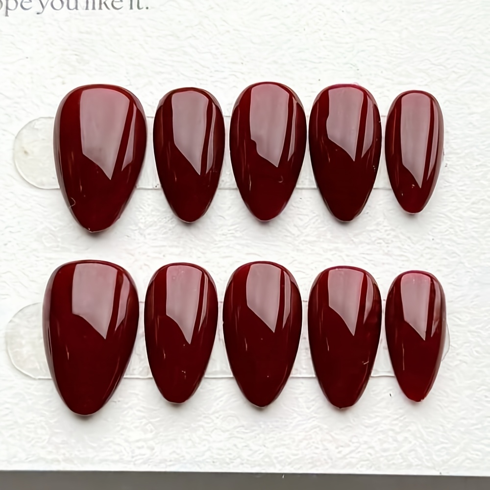 TEMU Handmade Press On Nails, 10pcs Medium Length Almond Shape Glossy Burgundy Red Solid Color Fake Nails, Elegant Minimalist Reusable Full Cover
