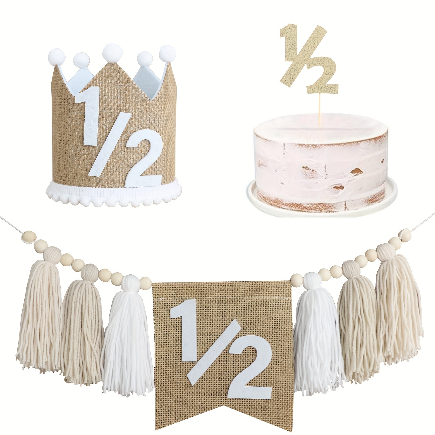 

Half-year Birthday Party Decorations: Burlap Banner With Tassels And Crown Hat - Festive Party Supplies For A 1/2 Year Old