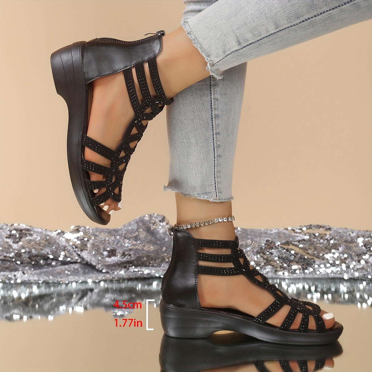 Women's Black Summer Sandals with Glittery Rhinestone Design, Open Toe Chunky Heel, Faux Cover & Rubber Sole, Back Zipper Closure, Stylish Cut-Out Pattern for Casual or Party Wear