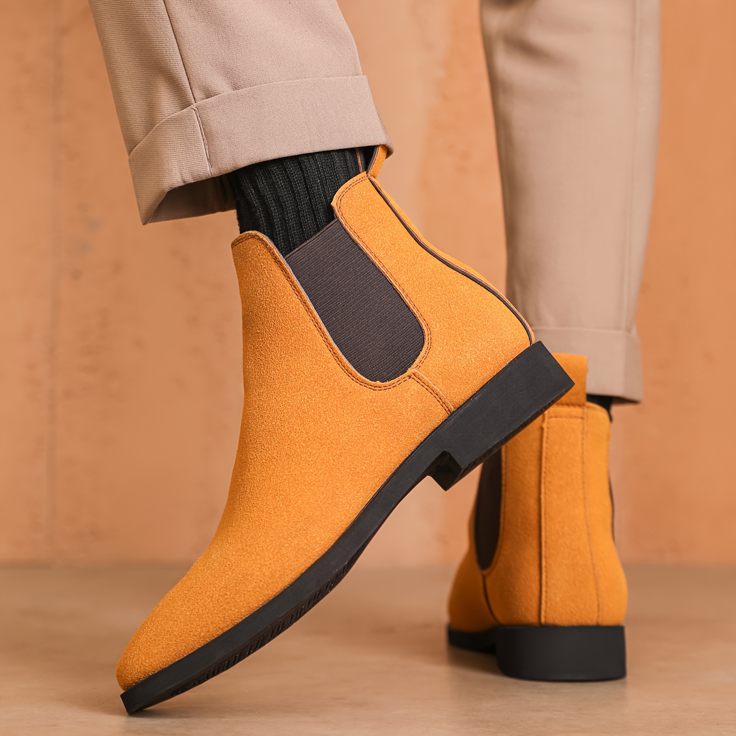 Men'S Classic Square Toe Chelsea Boots - All-Season Faux Ankle Dress Boots with Elastic Slip-On Closure, Solid Color, Rubber Sole, Fabric Lining for Daily & Business Wear