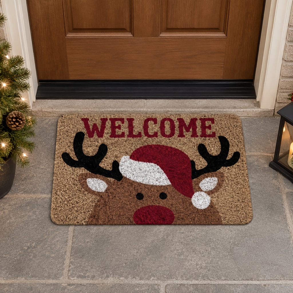 TEMU 2d Flat, 2d For Fiat 1pc Welcome Reindeer Christmas Doormat, Made Of Flannel Material, With "welcome" Written On It, Festive Atmosphere Flannel