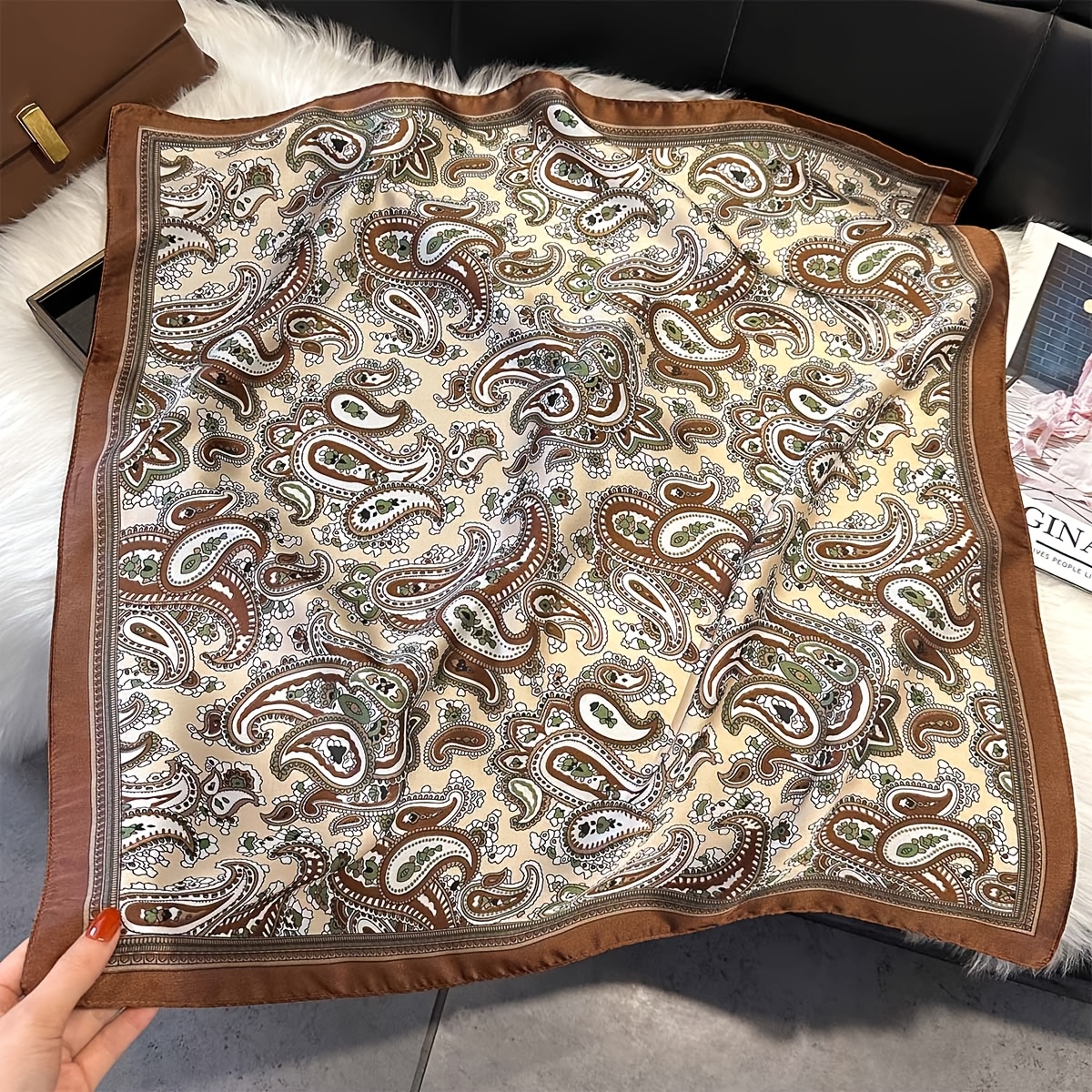 Image of Vintage Paisley Scarf For Women - 70cm Satin Feel Bandana, Elegant Neck Scarf & Hair Accessory For Daily Wear