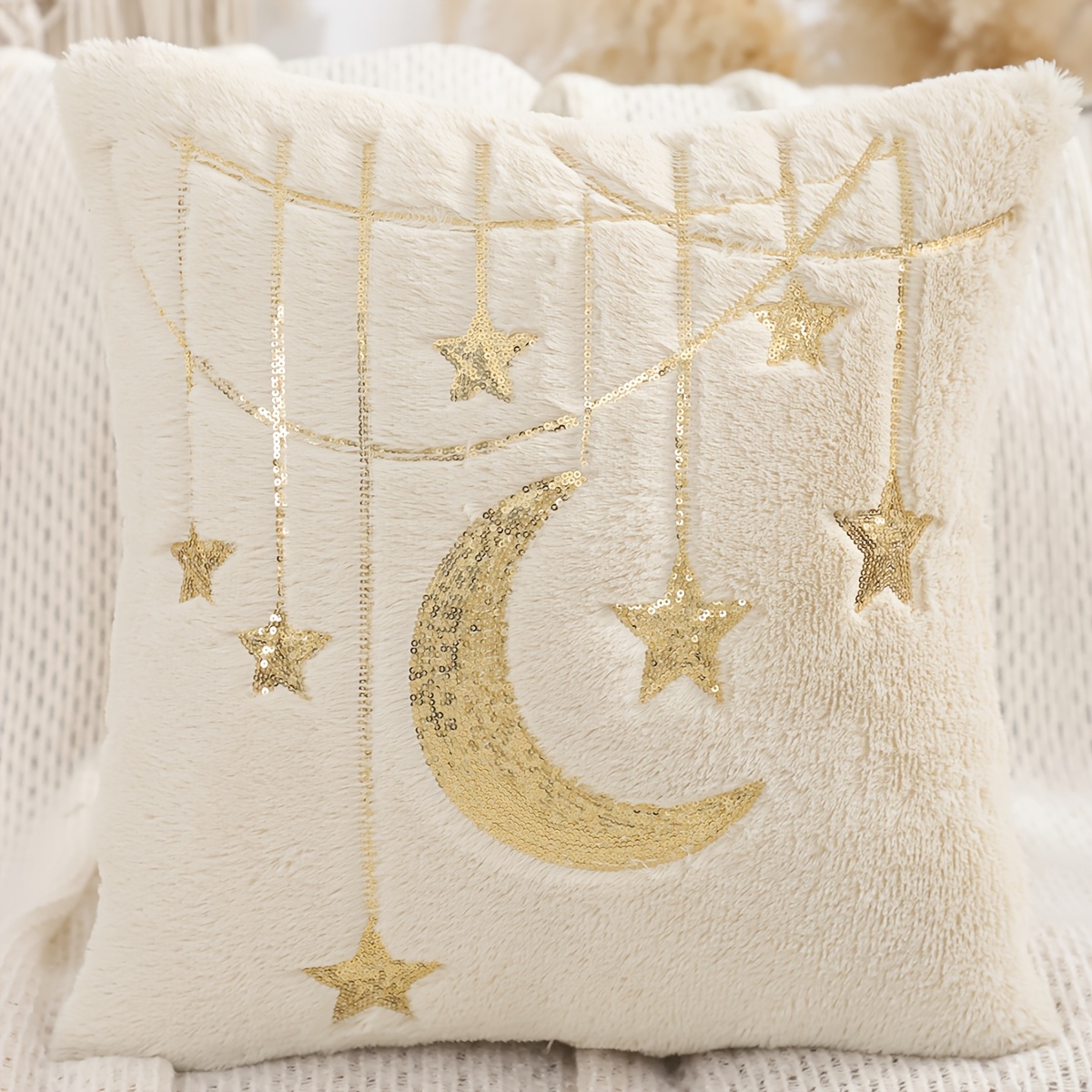 Image of 1pc Ramadan Decorative Pillow Cover With , Stars, And Lantern Embroidery - Plush Holiday Gift For Living Room Sofa Decor
