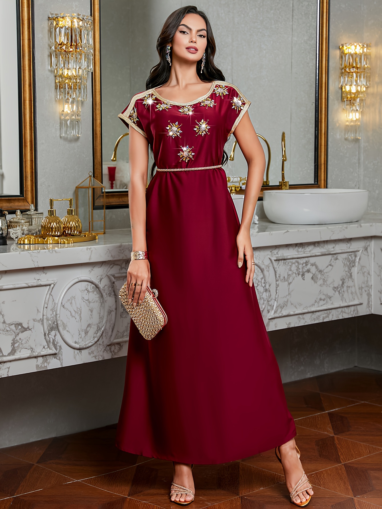 satin hand-beaded cocktail dress Silk-Wool Hand-Beaded Dress (Belt Included), LAKE BLUE / 2XL
