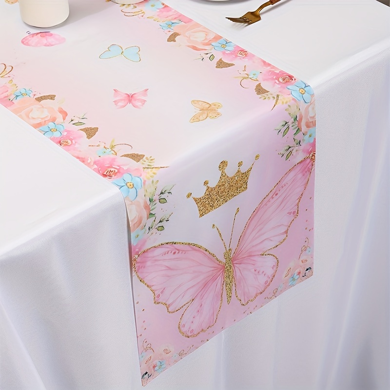 

Pink Butterfly & Crown Floral Table Runner - "x13.8" Polyester, Birthday Parties, Showers, Weddings & Family Celebrations