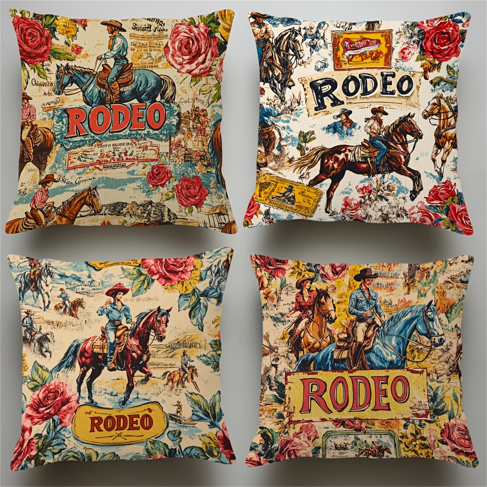 

4pcs Vintage Western Rodeo Throw Pillow Covers, Double-sided Print, Machine Washable, Zipper Closure, Polyester, Decorative Cushion Cases For Home & Room Types