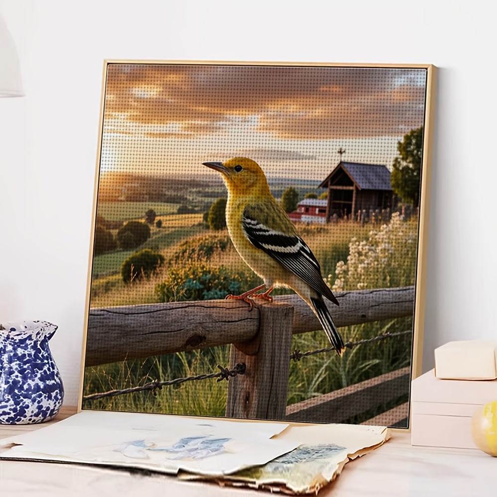 Cross Stitch Kit, Yellow Bird on Fence at Sunset