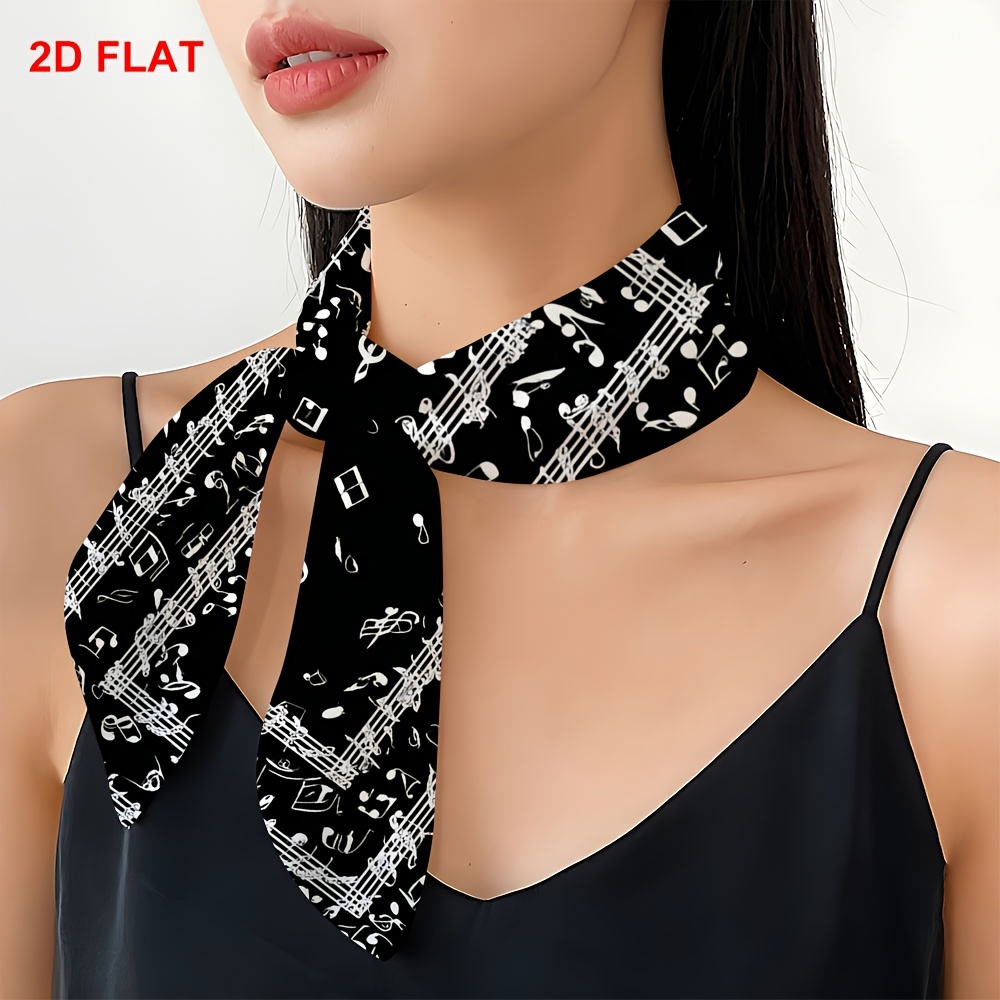 TEMU 2d Flat, 1pc Lightweight Headscarf, Square Scarf, Central Musical Note Combination, Four-sided Staff Border, Black Background, , Music Themed