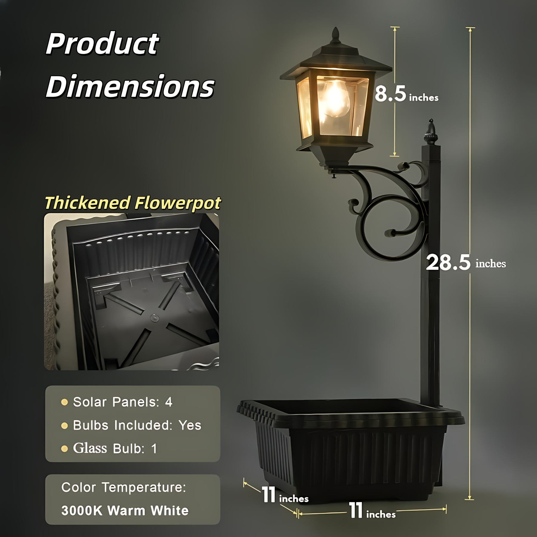 TEMU Solar Lamp Post Light - 2in 1 Outdoor Flower Pot For Real Or Fake Flowers (not Included). Glass Lampshade, Glass Bulb 20lm, Wall Mount Ip44