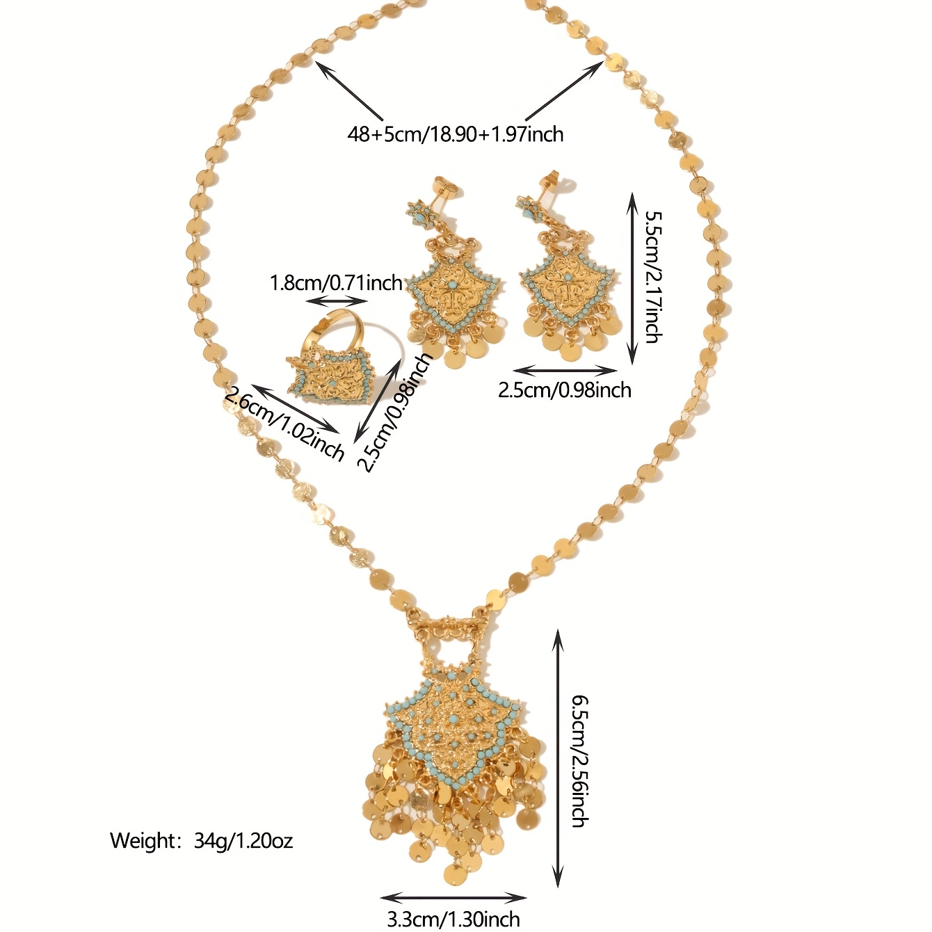 TEMU 1 Set Of Gorgeous Ethnic Style Copper Alloy Plated Round Tassel Blue Stone Inlaid Pendant Necklace Stud Earrings Ring Jewelry Set Suitable For