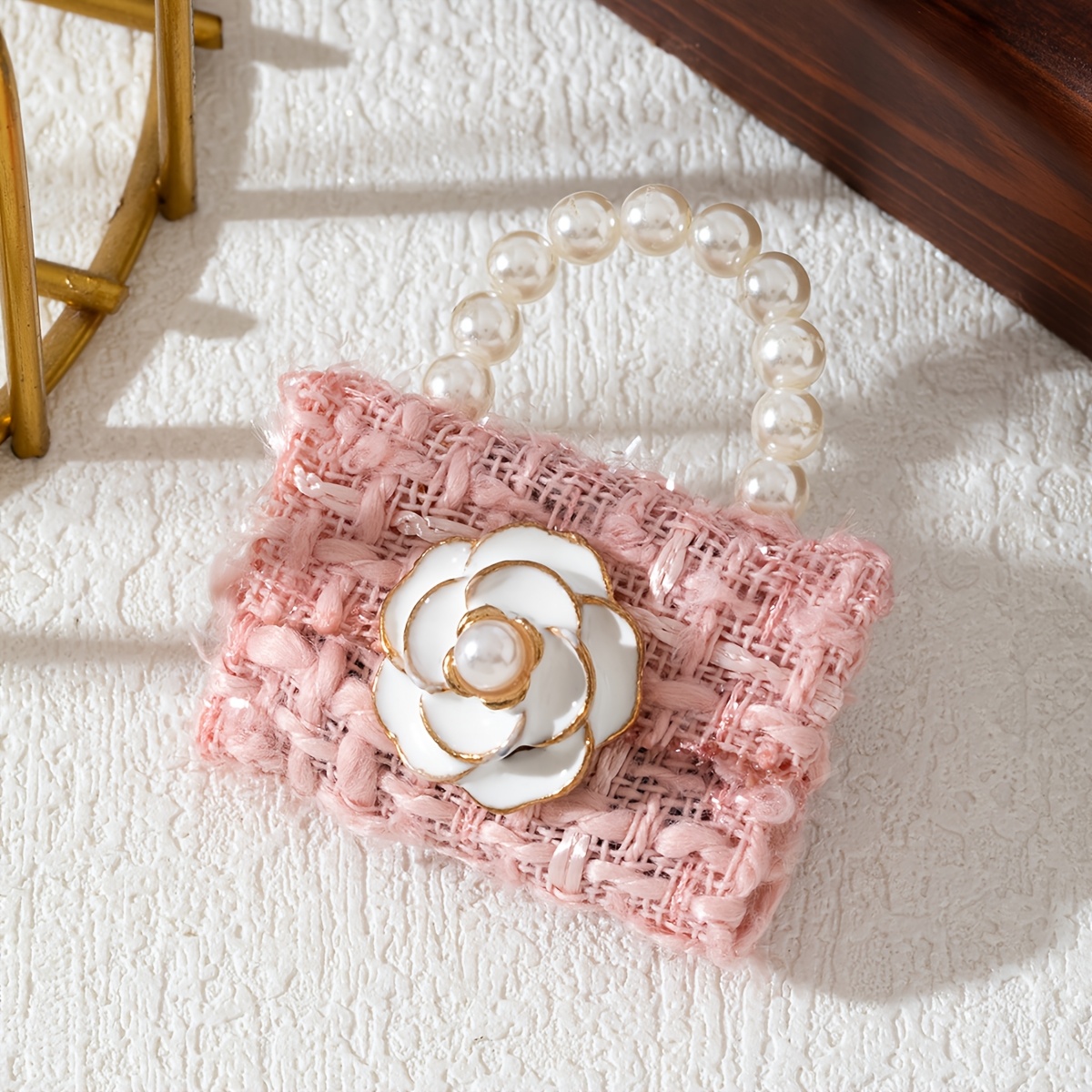 TEMU 1pc Elegant Vintage Brooch For Women, Tweed Bag Shaped Pin With Flower And Pearl Handle, Handmade Fabric Ornament With Faux Pearls And Sparkling