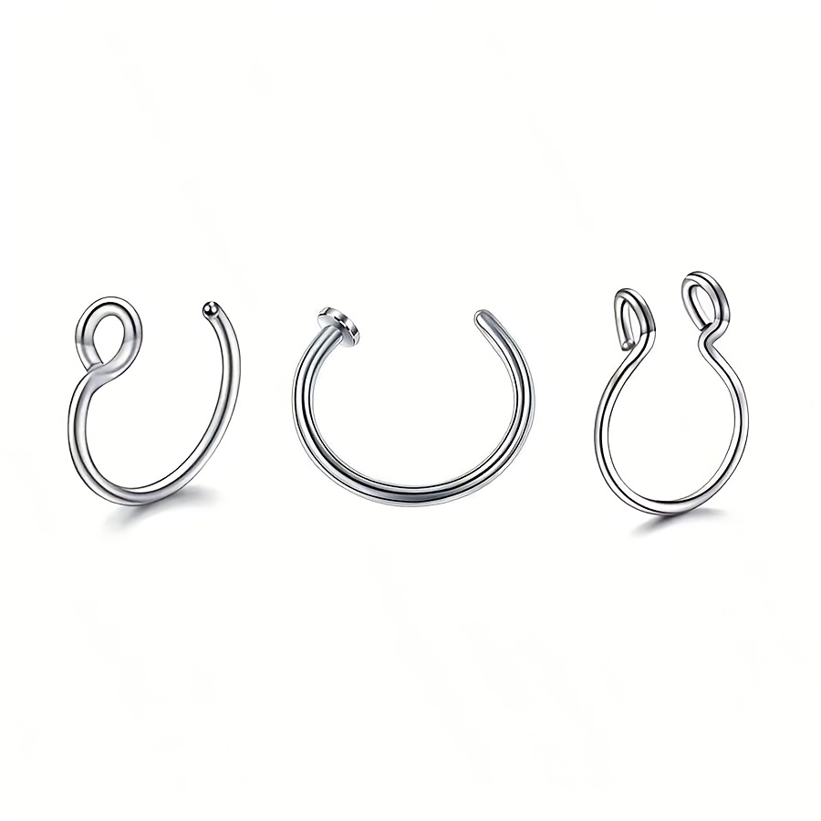 3pcs Stainless Steel Fake Nose Ring Set, Nose Septum Ring Clasp, Punk Style Non-piercing Fake Piercing Accessory For Womens