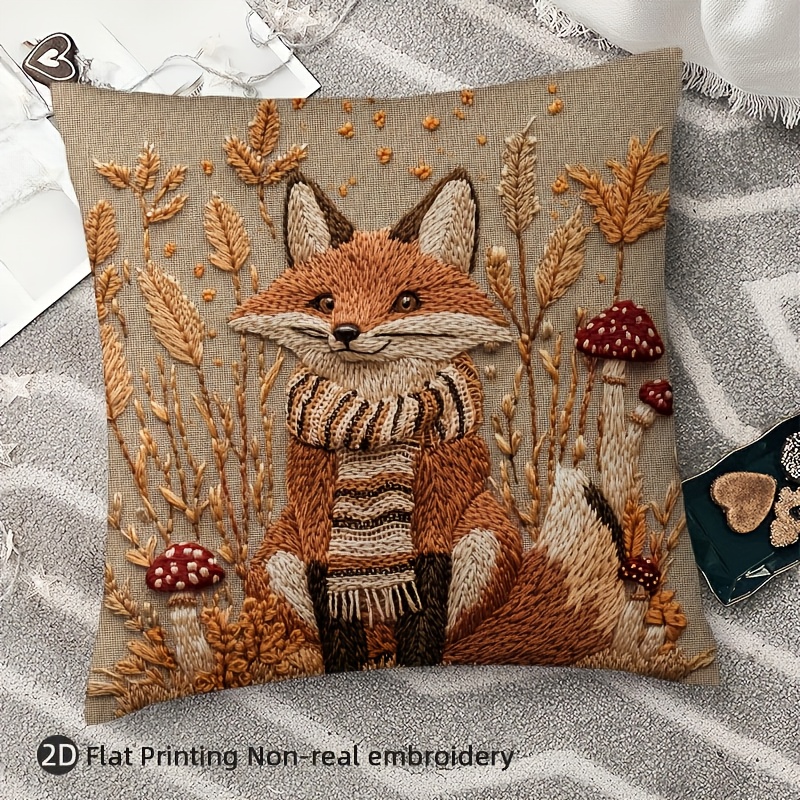 TEMU 1pc 2d Printed Vintage Fox And Mushroom Pillow Cover, 18x18 Inches, Short Plush Polyester, Non-embroidered, Zipper Closure, Machine Washable -
