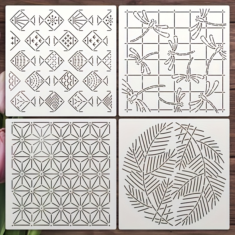 4pcs Embroidery Stencils | Pet Material | Designs For Diy Crafts, Coasters & Home Decor | Reusable Templates With Geometric & Floral | Ideal For Fabric, Canvas & Painting Projects
