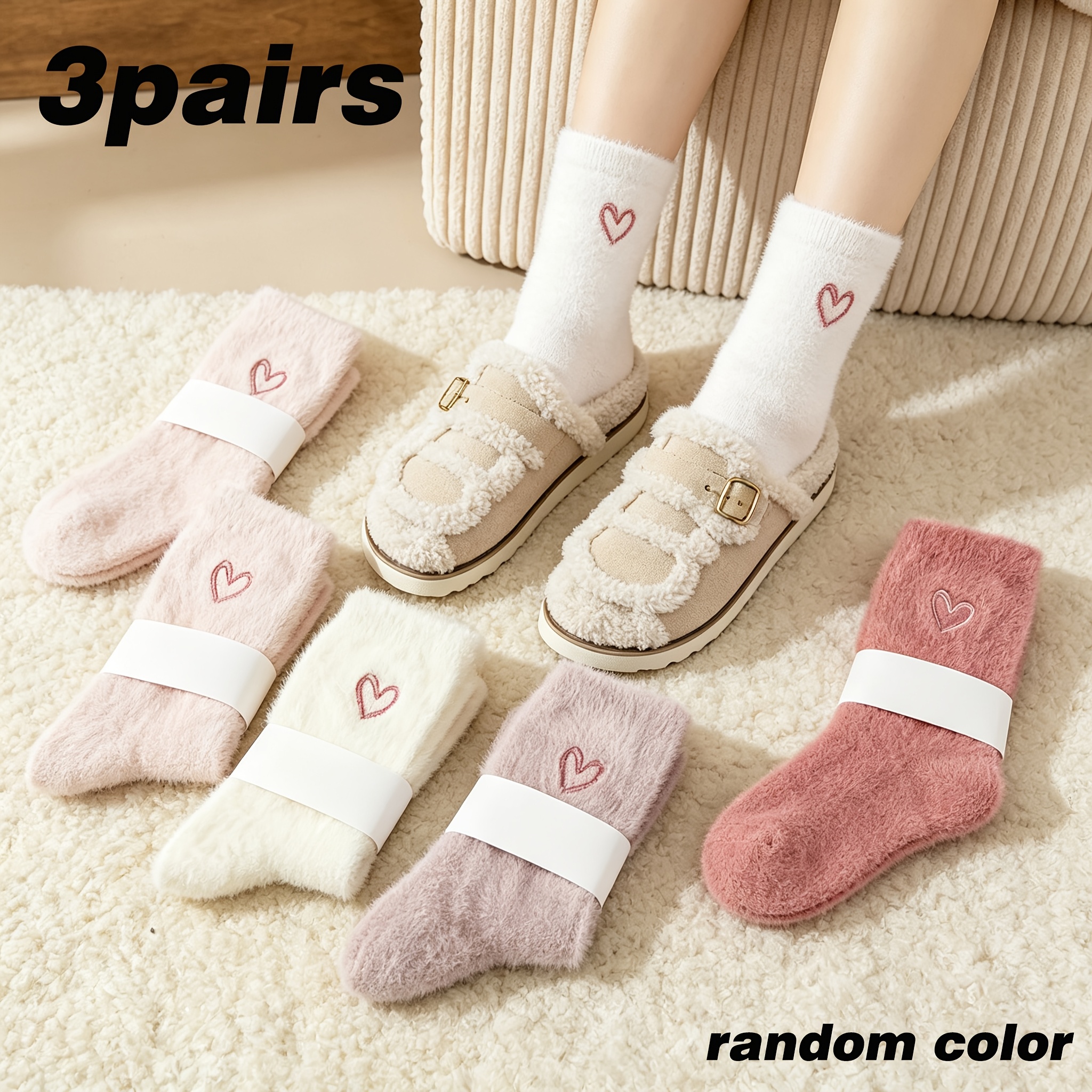 TEMU 3 Pairs Of Random Color Love Embroidered Fluffy Socks, Christmas Gift Women's Thickened Plush Floor Sleep Socks, Solid Color, Holiday Gifts For