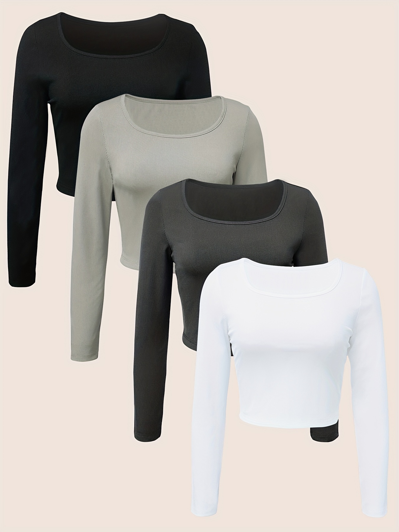 Solid Notched Neck Crop T-shirt, Versatile Long Sleeve Crop Top, Women's  Clothing