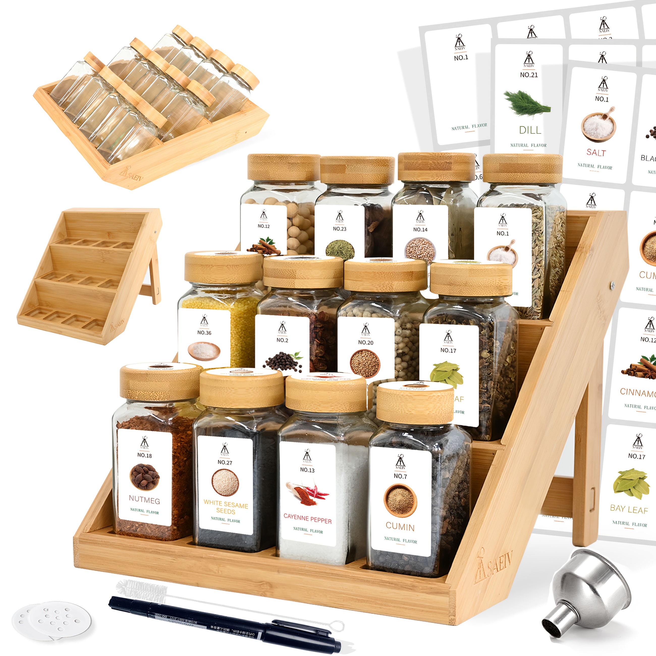 TEMU Saeiv 120ml Bamboo Lid Condiment Jar With 2-in-1 Bamboo Rack, 12/21/24pcs Condiment Jar Set With Labels For Kitchen And Drawers