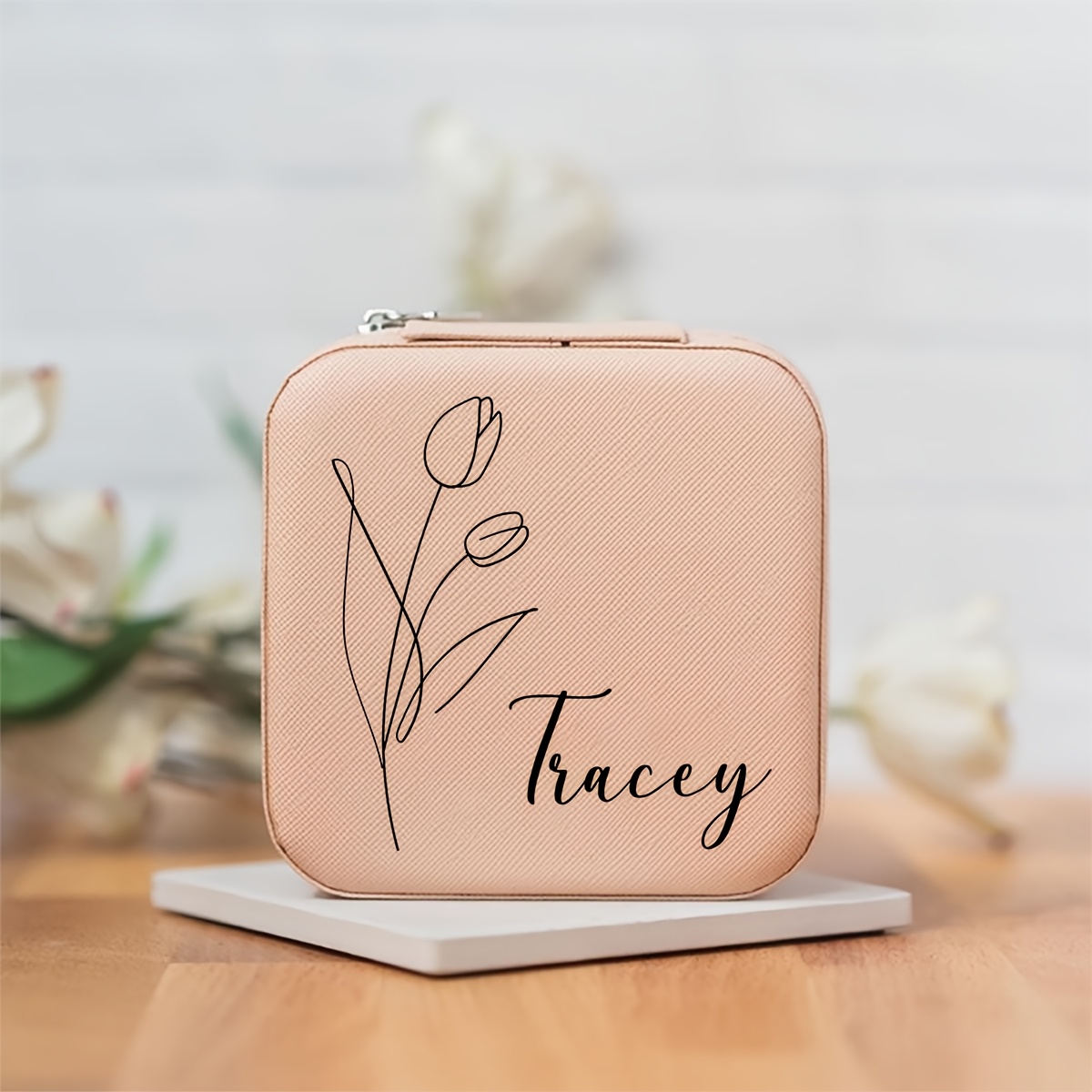 TEMU 1pc Custom Handwritten Name Line Tulip Design Jewelry Box, Fashionable Women Gift Faux Leather Multi-grid Portable Earrings Ring Storage