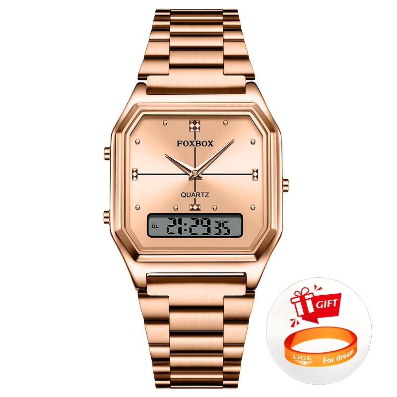 Lige Minimalist Luxury Men's , Stylish Steel Strap Quartz Watch, Rectangular Face With Digital Time Display, Casual Elegant Design, Watch For Everyday Use & Gift