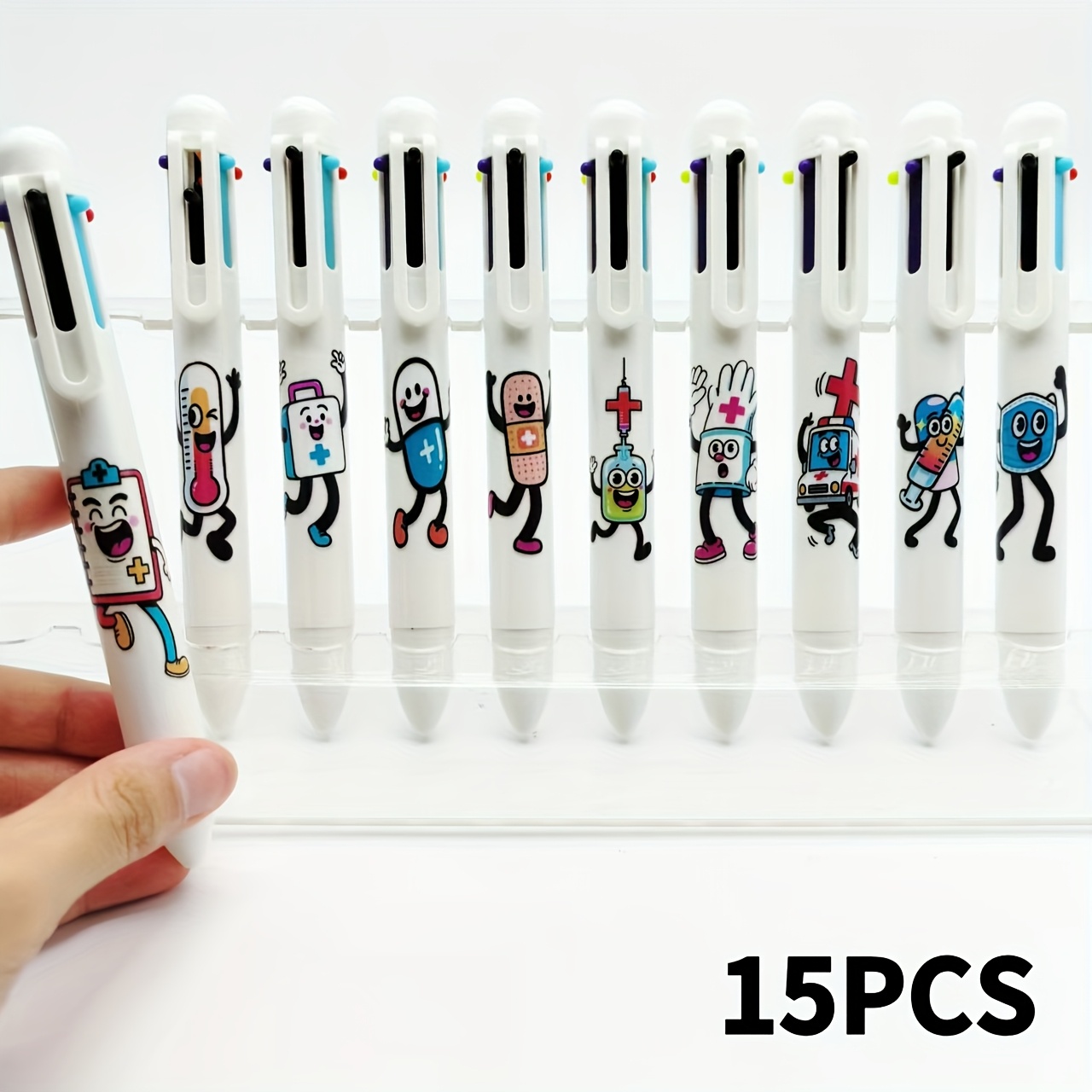 Image of 15pcs Medical Record Book 6-in-1 Ballpoint Pen Set, Medical-themed 6-color Ballpoint Pens, Medical Prescription Pen, Ambulance