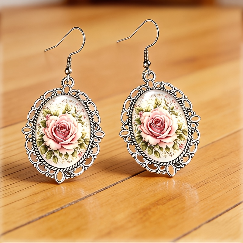 TEMU A Pair Of Vintage Pink Hook Earrings, Featuring An Antique-style Openwork Carved Border With A High-definition Printed Rose Appliqué. The