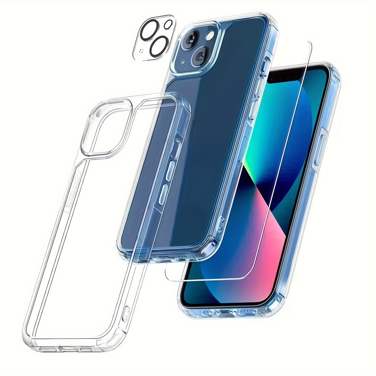 

Coque de Téléphone Transparente Antichoc en TPU PC avec Protecteur d'Écran en Verre Trempé et Protecteur d'Objectif pour iPhone 15 14 11 Pro Max 14plus 15plus - Couverture Arrière Transparente